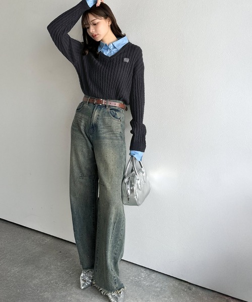 mily bilet(ミウィビレット)の「【mily bilet】一枚着るだけで、重ね着風。シャツレイヤード風ロゴ刺繍リブニットプルオーバー(長袖)(ニット/セーター・レディース・アイボリー/ブラウン/ネイビー/チャコールグレー・LARGE/MEDIUM/SMALL/X-LARGE)」の13枚目の写真