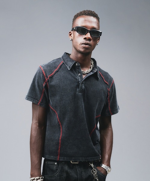 ANDER HUNK（アンダーハンク）の「Metal Button Stitch Design Polo / メタルボタンステッチデザインポロ（ポロシャツ・メンズ・ブラック/グレー・MEDIUM/LARGE）」の4枚目の写真