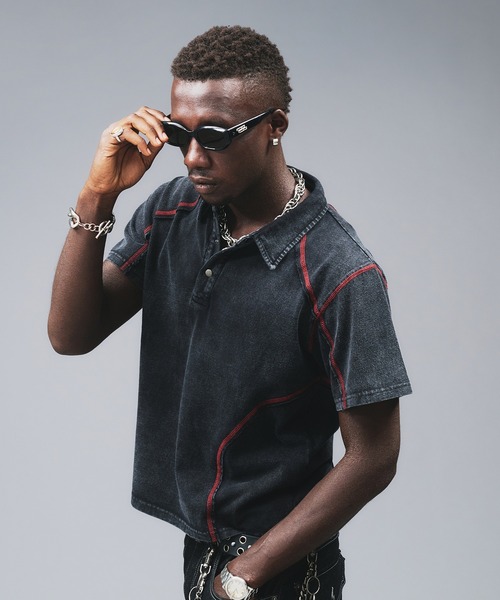 ANDER HUNK（アンダーハンク）の「Metal Button Stitch Design Polo / メタルボタンステッチデザインポロ（ポロシャツ・メンズ・ブラック/グレー・MEDIUM/LARGE）」の5枚目の写真