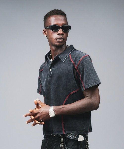 ANDER HUNK（アンダーハンク）の「Metal Button Stitch Design Polo / メタルボタンステッチデザインポロ（ポロシャツ・メンズ・ブラック/グレー・MEDIUM/LARGE）」の7枚目の写真