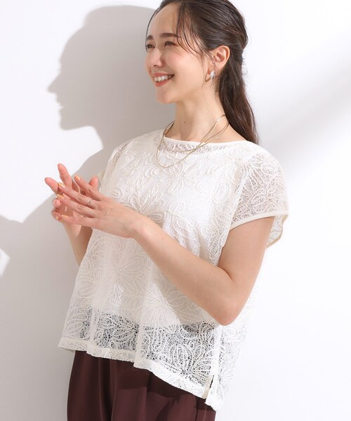 THREE SQUAREネイビービ レース トップス 半袖 THREE SQUAREネイビービ レース トップス 半袖