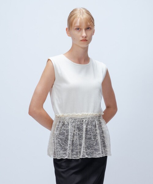 cloenc(クロエンス)の「【マシンウォッシュ】レースペプラムカットソー(Tシャツ/カットソー・レディース・オフホワイト/ブラック・02)」の4枚目の写真