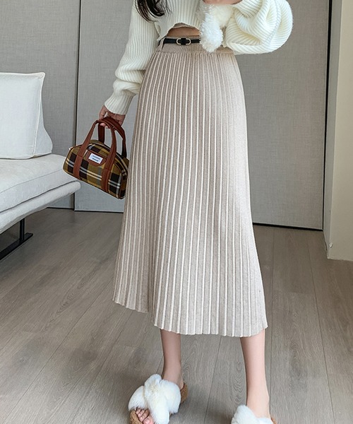 Lace Ladies（レースレディース）の「ベルト付き ニット プリーツ ロング スカート（スカート・レディース・ブラック/アイボリー/グレイッシュベージュ/グレー・FREE）」の4枚目の写真