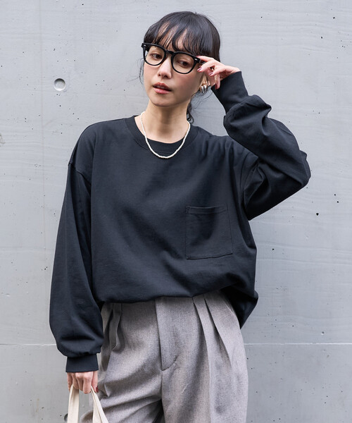 ブラック 長袖カットソー ポケット付き セール】ビッグ ポケットロンT/長袖Tシャツ【限定展開】（Tシャツ