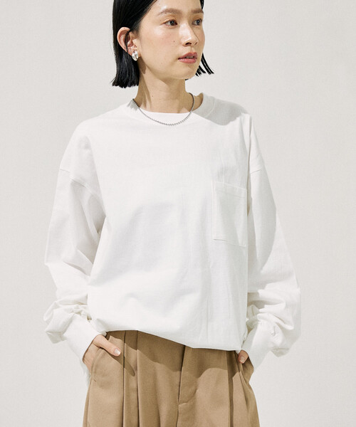 ホワイト 長袖カットソー フロントポケット付き セール】ビッグ ポケットロンT/長袖Tシャツ【限定展開】（Tシャツ