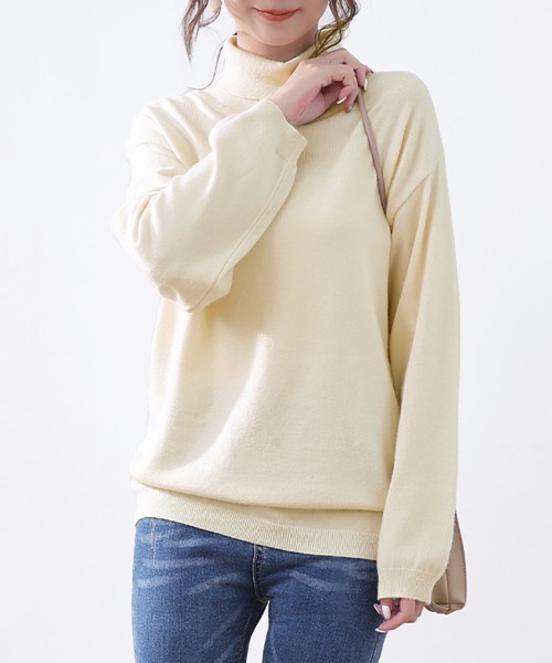 ONEP STAR(ワンピスター)の「カシミヤタッチタートルネックニット(ニット/セーター・レディース・グレー/オフホワイト/ブルー/レモンイエロー/ブラック/ホワイト×ブラック/グレイッシュベージュ/ダークブラウン/ブラウン/ピンク/グリーン/ワインレッド/ベージュ/パープル/オレンジ/ミント/モカ/オートミール/ダークブルー/チョコ/テラコッタ・FREE)」の10枚目の写真