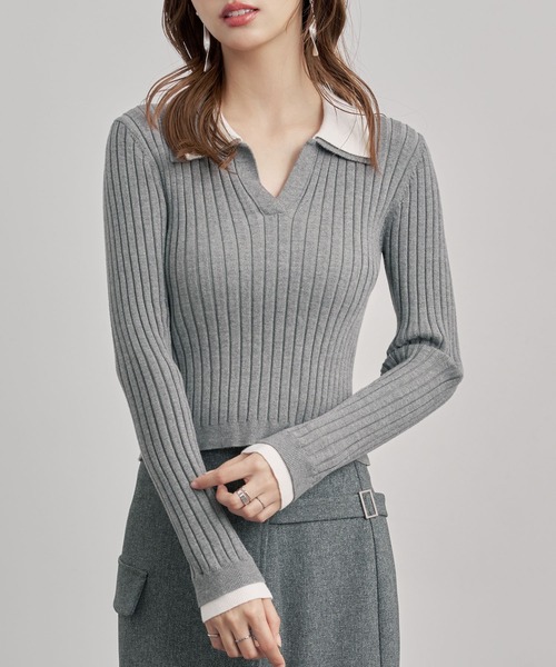 レディース ニット 配色 襟付き レイヤード風 きれいめ オフィス