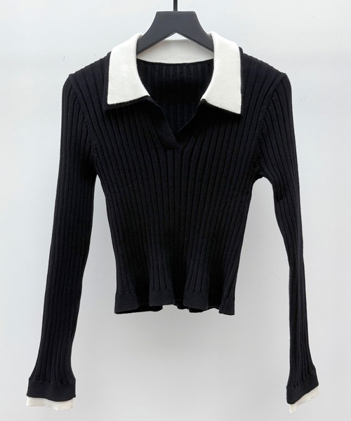 セール】レディース ニット 配色 襟付き レイヤード風 きれいめ