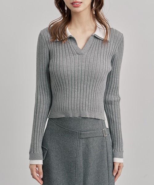 レディース ニット 配色 襟付き レイヤード風 きれいめ オフィス