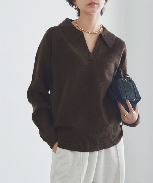 RASW(ラス)の「ウールミックススキッパーポロニット(ニット/セーター・レディース・ブラウン/杢グレー・L/M)」の2枚目の写真