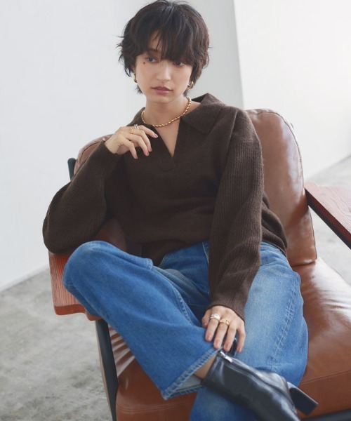 RASW(ラス)の「ウールミックススキッパーポロニット(ニット/セーター・レディース・ブラウン/杢グレー・L/M)」の10枚目の写真