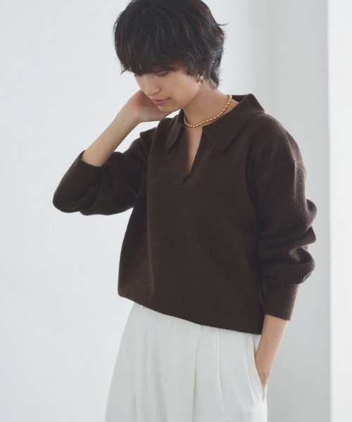 RASW(ラス)の「ウールミックススキッパーポロニット(ニット/セーター・レディース・ブラウン/杢グレー・L/M)」の11枚目の写真
