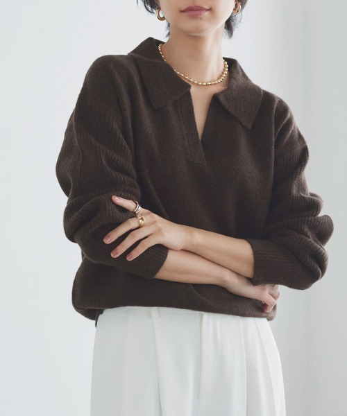 RASW(ラス)の「ウールミックススキッパーポロニット(ニット/セーター・レディース・ブラウン/杢グレー・L/M)」の12枚目の写真