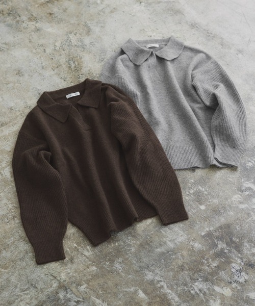 RASW(ラス)の「ウールミックススキッパーポロニット(ニット/セーター・レディース・ブラウン/杢グレー・L/M)」の3枚目の写真