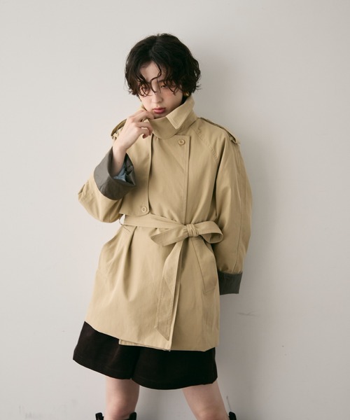 セール】ヴィーガンレザー配色ミドルトレンチコート（トレンチコート