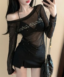 VIBGYOR（ヴィブジョー）の「【EIZZ/アイズ】シースルー メッシュ ラインストーン オフショルダー トップス（Tシャツ/カットソー・レディース）」