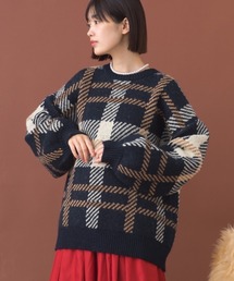 チェック柄シャギー オーバーサイズボリューム袖ニット
