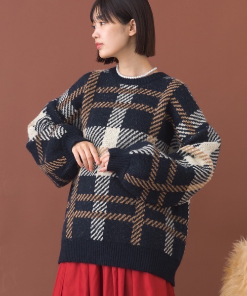 セール】チェック柄シャギー オーバーサイズボリューム袖ニット