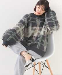 チェック柄シャギー オーバーサイズボリューム袖ニット