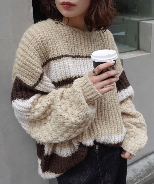 CORNERS（コーナーズ）の「マルチボーダーポコポコ袖ニット（ニット/セーター・レディース・チャコールグレー/ブルー/ベージュ/ミント・FREE）」の3枚目の写真