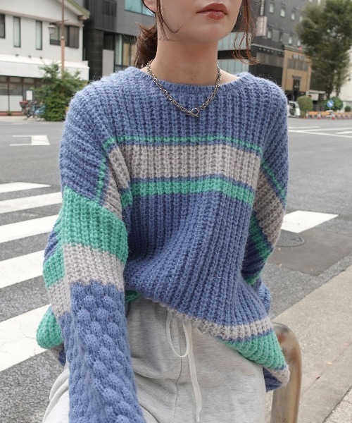 CORNERS（コーナーズ）の「マルチボーダーポコポコ袖ニット（ニット/セーター・レディース・チャコールグレー/ブルー/ベージュ/ミント・FREE）」の2枚目の写真