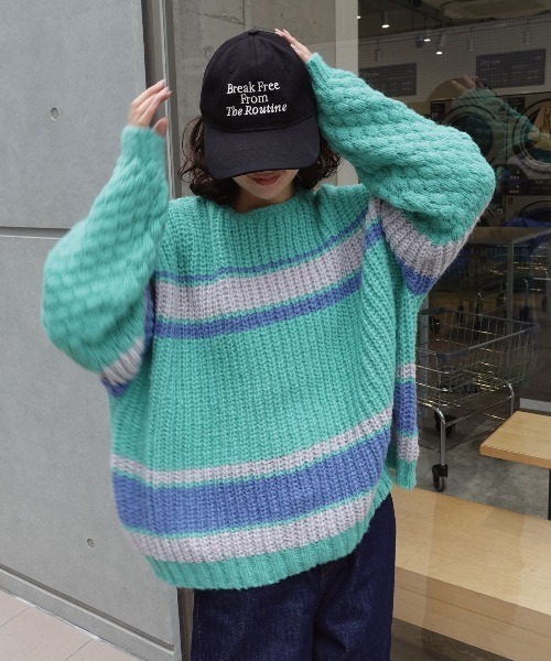 CORNERS（コーナーズ）の「マルチボーダーポコポコ袖ニット（ニット/セーター・レディース・チャコールグレー/ブルー/ベージュ/ミント・FREE）」の12枚目の写真
