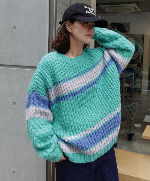 CORNERS（コーナーズ）の「マルチボーダーポコポコ袖ニット（ニット/セーター・レディース・チャコールグレー/ブルー/ベージュ/ミント・FREE）」の5枚目の写真