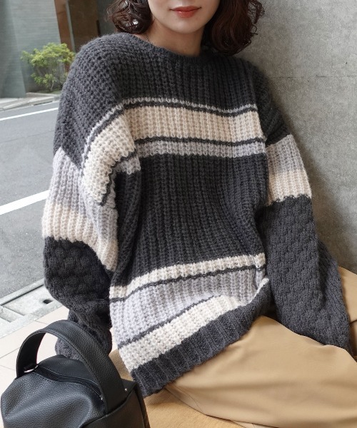 CORNERS（コーナーズ）の「マルチボーダーポコポコ袖ニット（ニット/セーター・レディース・チャコールグレー/ブルー/ベージュ/ミント・FREE）」の17枚目の写真