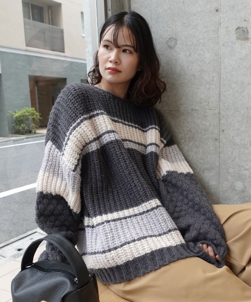 CORNERS（コーナーズ）の「マルチボーダーポコポコ袖ニット（ニット/セーター・レディース・チャコールグレー/ブルー/ベージュ/ミント・FREE）」の9枚目の写真