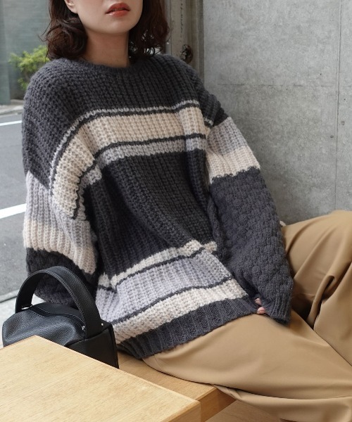 CORNERS（コーナーズ）の「マルチボーダーポコポコ袖ニット（ニット/セーター・レディース・チャコールグレー/ブルー/ベージュ/ミント・FREE）」の14枚目の写真