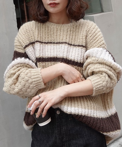 CORNERS（コーナーズ）の「マルチボーダーポコポコ袖ニット（ニット/セーター・レディース・チャコールグレー/ブルー/ベージュ/ミント・FREE）」の8枚目の写真