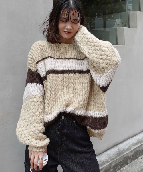 CORNERS（コーナーズ）の「マルチボーダーポコポコ袖ニット（ニット/セーター・レディース・チャコールグレー/ブルー/ベージュ/ミント・FREE）」の10枚目の写真