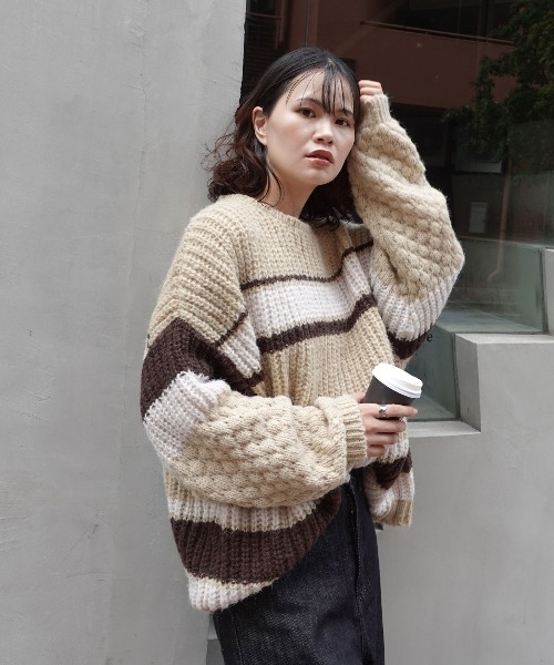 CORNERS（コーナーズ）の「マルチボーダーポコポコ袖ニット（ニット/セーター・レディース・チャコールグレー/ブルー/ベージュ/ミント・FREE）」の11枚目の写真