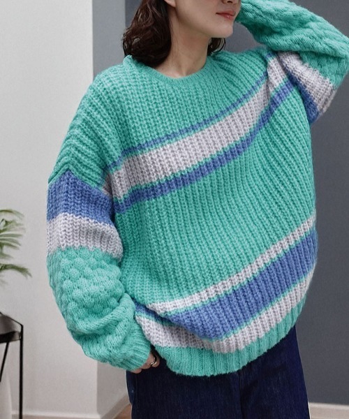 CORNERS(コーナーズ)の「マルチボーダーポコポコ袖ニット(ニット/セーター・レディース・チャコールグレー/ブルー/ベージュ/ミント・FREE)」の8枚目の写真
