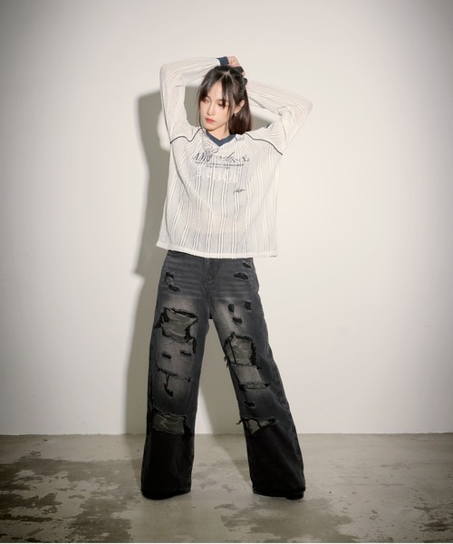 .KOM（ドットコム）の「『.KOM/ドットケーオーエム』ラインラグラン長袖Tシャツ【GC】（Tシャツ/カットソー・レディース・ブラック/ホワイト・FREE）」の4枚目の写真