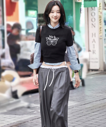 STRIPE LAYERED PINTUCK SLACKS_CHARCOAL