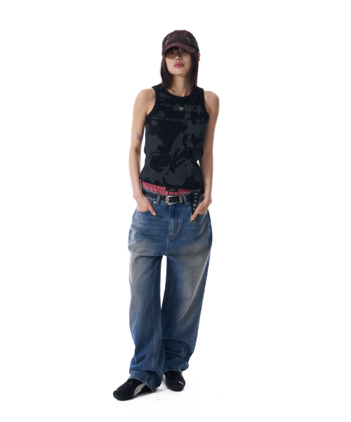 AAKAM ワイドデニムパンツ セール】Tapered Denim Pants (Washed Blue)（デニムパンツ）｜AAKAM