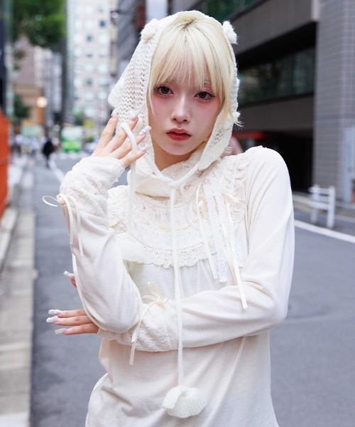 axes femme(アクシーズファム)の「おはなニットバブーシュカ(その他雑貨・レディース・ブラック/ダークブラウン/ホワイト・FREE)」の2枚目の写真