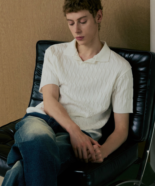 NODU（ノードユー）の「シックスケーブルカラー半袖ニット[アイボリー]（ポロシャツ・メンズ・その他・MEDIUM/LARGE）」の2枚目の写真