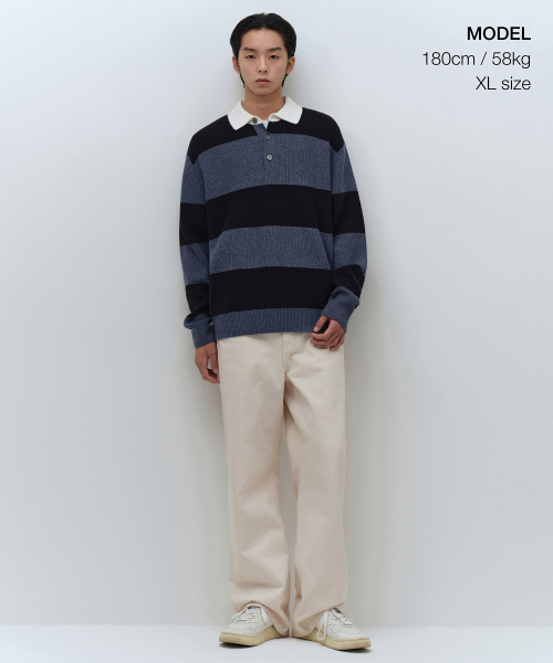 MUSINSA STANDARD（ムシンサスタンダード）の「リブストライプラグビー ニット [ネイビー/スカイブルー]（ニット/セーター・メンズ・その他・LARGE/SMALL/MEDIUM/X-LARGE/XX-LARGE）」の2枚目の写真