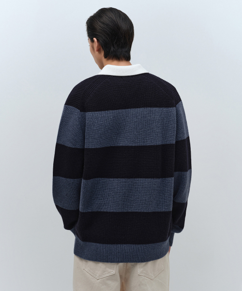 MUSINSA STANDARD（ムシンサスタンダード）の「リブストライプラグビー ニット [ネイビー/スカイブルー]（ニット/セーター・メンズ・その他・LARGE/SMALL/MEDIUM/X-LARGE/XX-LARGE）」の3枚目の写真