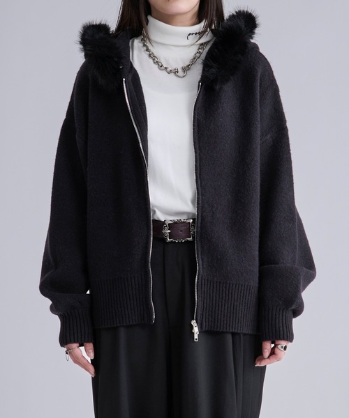 Ellno Loset（エルノロゼット）の「2wayファーフードニットパーカー（パーカー・メンズ・パープル/ブラック・LARGE/MEDIUM/SMALL）」の4枚目の写真