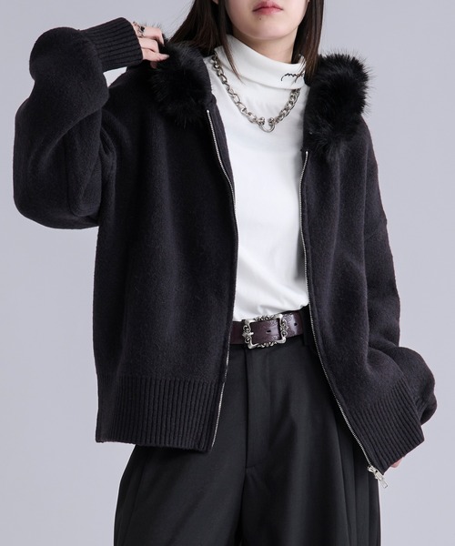 Ellno Loset（エルノロゼット）の「2wayファーフードニットパーカー（パーカー・メンズ・パープル/ブラック・LARGE/MEDIUM/SMALL）」の6枚目の写真