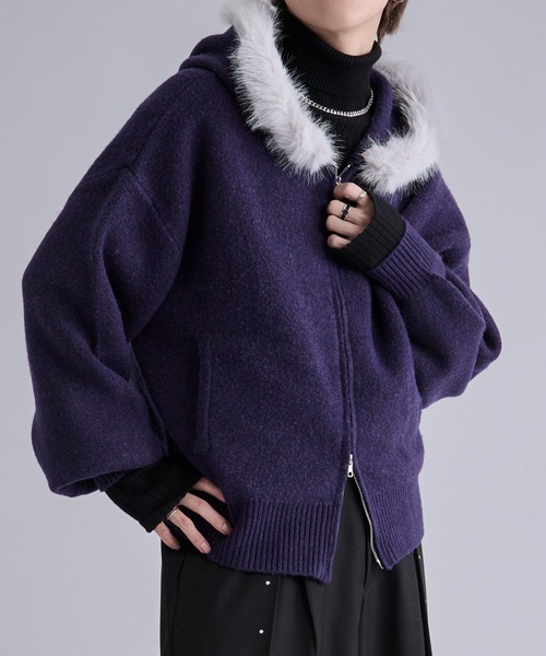 Ellno Loset（エルノロゼット）の「2wayファーフードニットパーカー（パーカー・メンズ・パープル/ブラック・LARGE/MEDIUM/SMALL）」の11枚目の写真