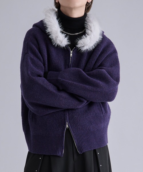 Ellno Loset（エルノロゼット）の「2wayファーフードニットパーカー（パーカー・メンズ・パープル/ブラック・LARGE/MEDIUM/SMALL）」の12枚目の写真