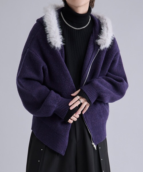 Ellno Loset（エルノロゼット）の「2wayファーフードニットパーカー（パーカー・メンズ・パープル/ブラック・LARGE/MEDIUM/SMALL）」の14枚目の写真