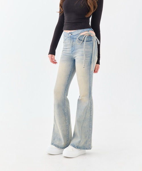 パンツ andwangCorset Cut-Out Ribbon Flare Denim Corset Cut-Out