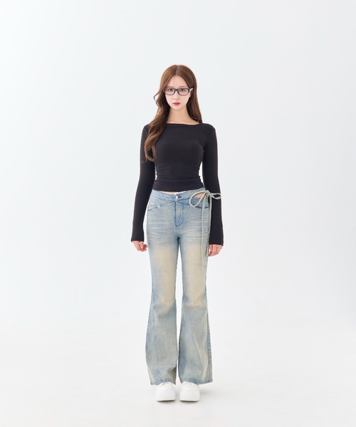 Corset Cut-Out Ribbon Flare Denim（デニムパンツ）｜andwang