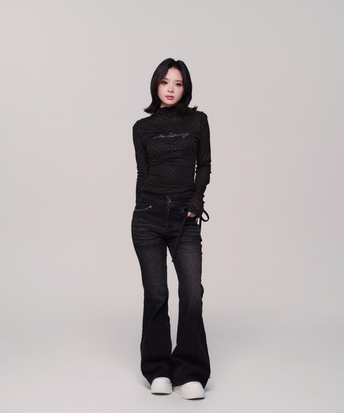 Corset Cut-Out Ribbon Flare Denim（デニムパンツ）｜andwang