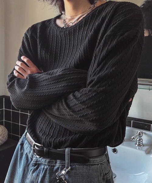 NOWLE(ノウル)の「【NOWLE】ケーブル編み風 立体リブ クルーネック ロンT(Tシャツ/カットソー・メンズ・ブラック・X-LARGE/MEDIUM/LARGE)」の12枚目の写真